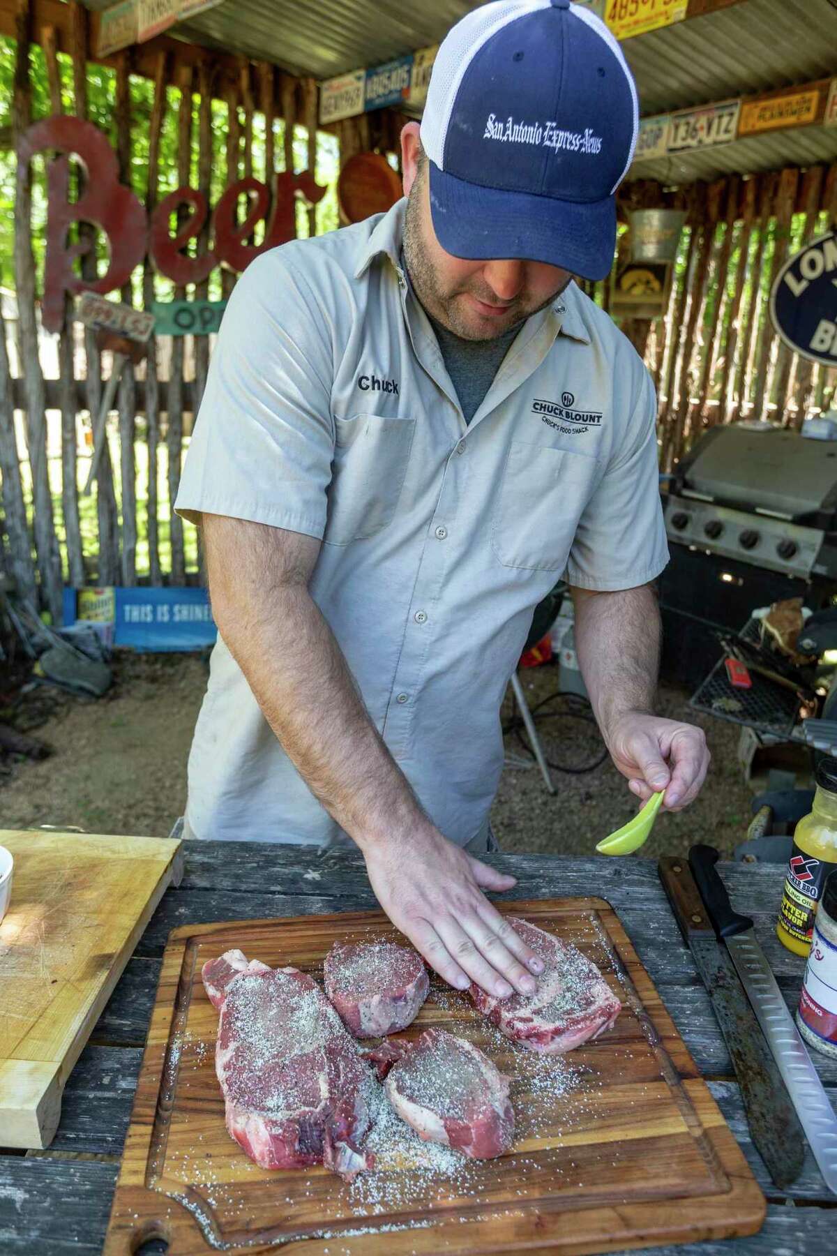 Chuck Blount seasons select, choice and prime steaks at his Food Shack with an equal mixture of salt and pepper.