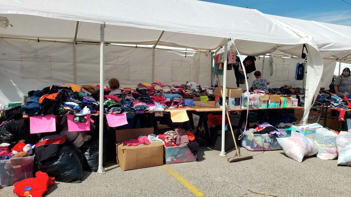 Items donated by the community are on display at a distribution site in the parking lot of Northern Lanes in Sanford. The distribution site is free and open to the public. (Photo provided)