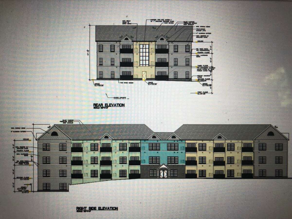 A rendering of the apartment building proposed to be built at 0 Petremont Lane, a road off of River Road.
