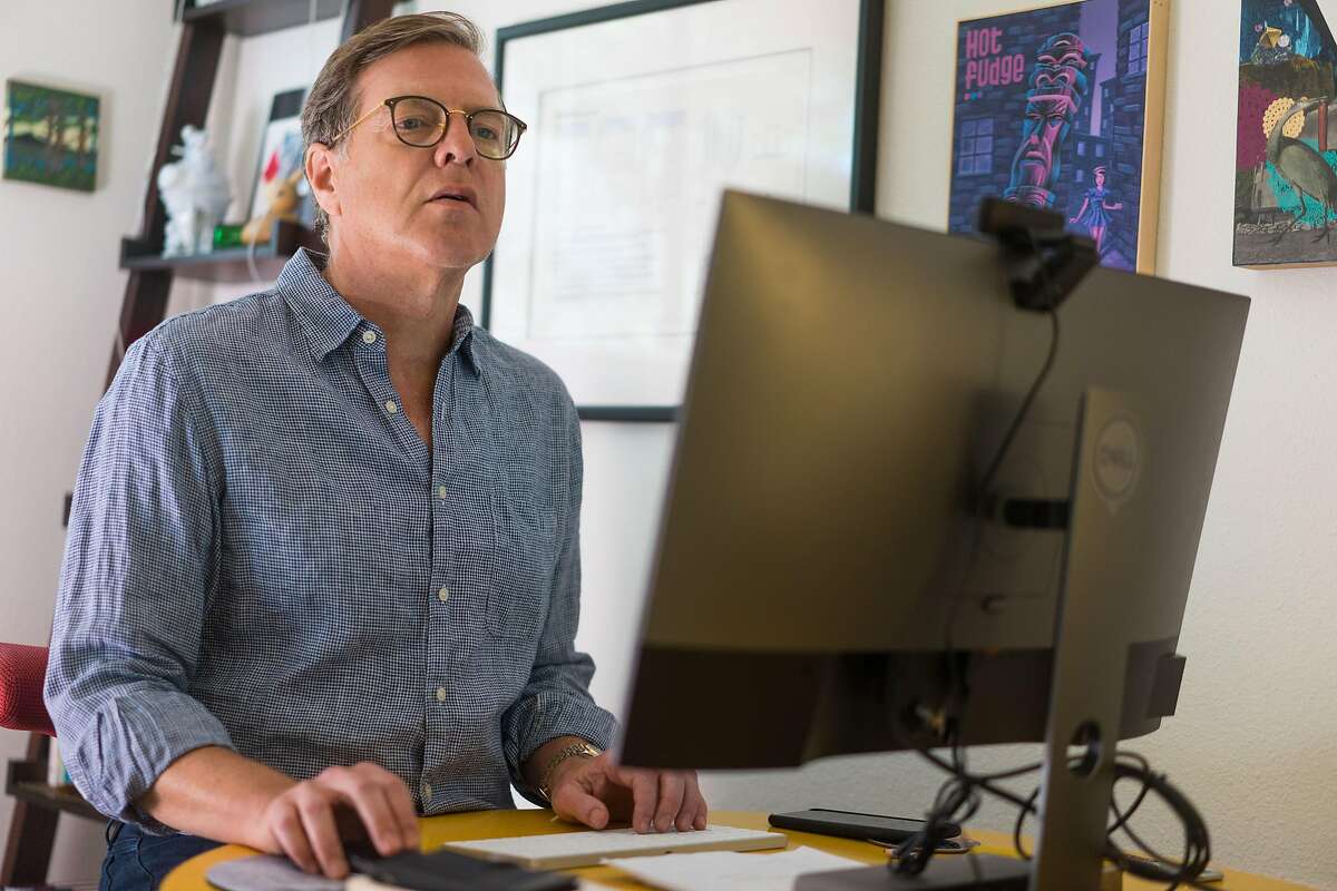 Stanford Professor Mitchell Stevens works from his home at Stanford University in Palo Alto, Calif. on Saturday, June 13, 2020. Colleges have varying plans for reopening in the Fall.