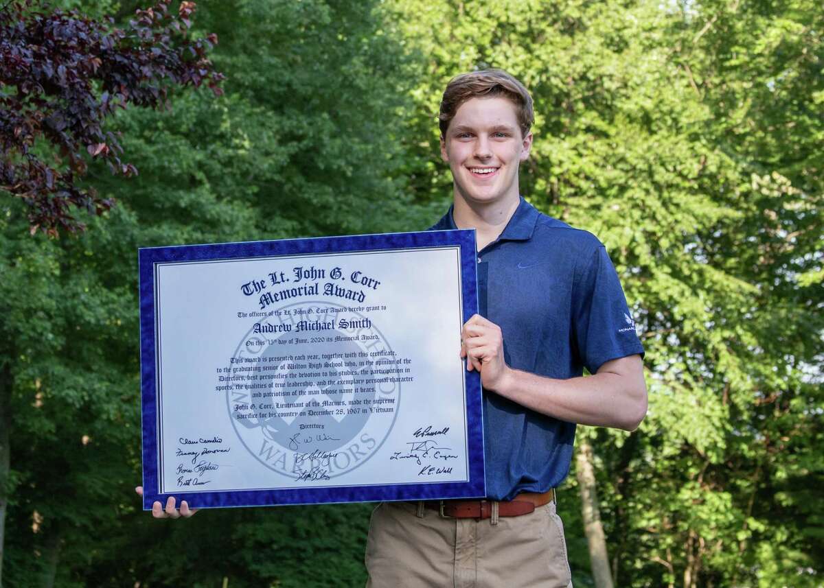 Wilton High senior Andrew Smith was presented with the annual John G. Corr Award at his home last week.