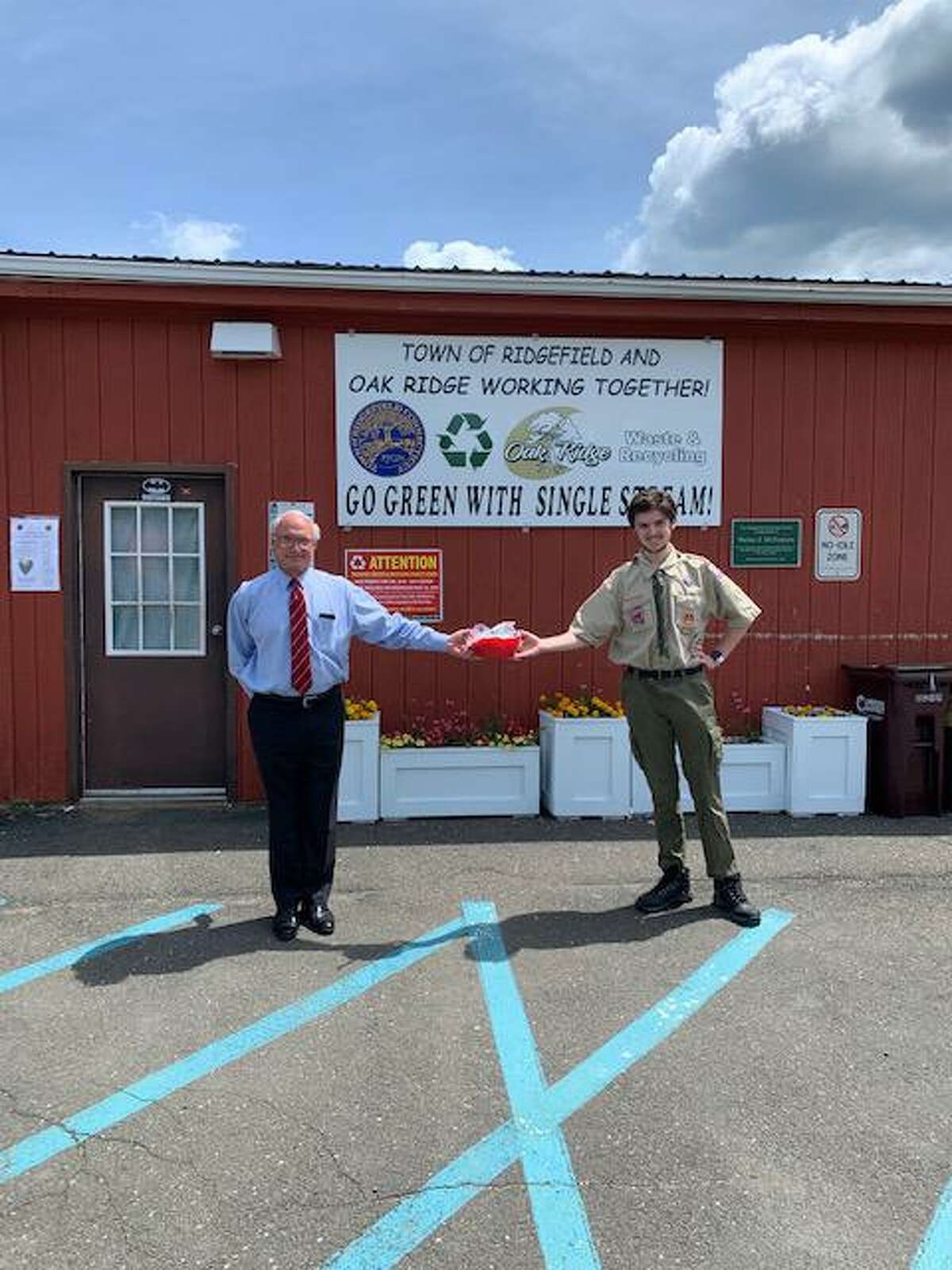 Grady Griffin recently completed his Eagle Scout Project for Troop 76 by designing five planters to beautify the Ridgefield Recycling Center. He designed the planters, ordered materials, coordinated volunteers and created work sessions to build them. Griffin also met with First Selectman Rudy Marconi during the project.