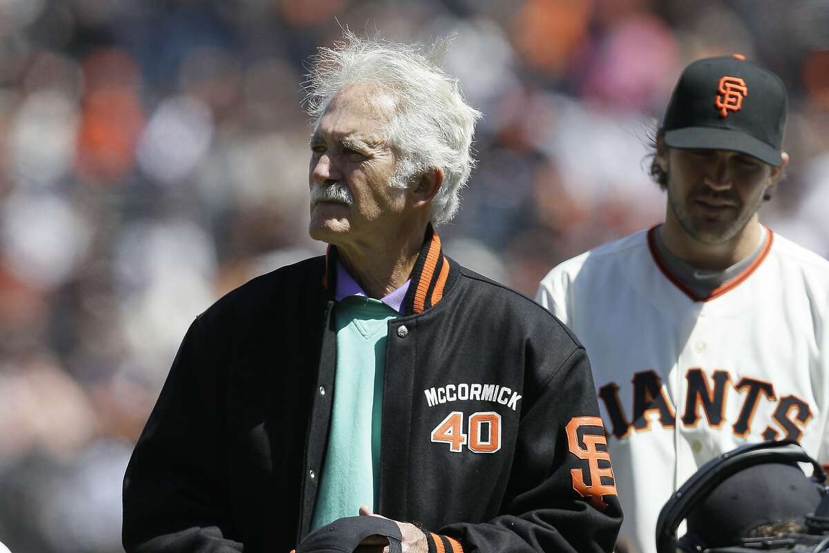This April 13, 2012, photo shows former San Francisco Giants pitcher Mike McCormick before a baseball game between the Giants and the Pittsburgh Pirates in San Francisco. McCormick, who won the Cy Young Award in 1967, died Saturday, June 13, 2020, at his home in North Carolina after a long battle with Parkinson’s disease. He was 81. (AP Photo/Jeff Chiu)