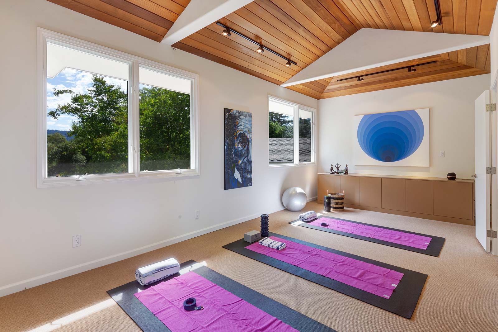 There is also a carpeted gym room with a half bath.