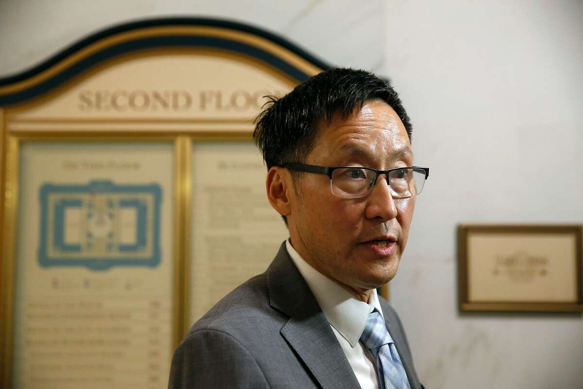 Supervisor Gordon Mar meets with reporters after a committee hearing at City Hall in San Francisco, Calif. on Wednesday, April 24, 2019. Mar is proposing a measure to add a 1.12% payroll tax on stock-based compensation on the November ballot.