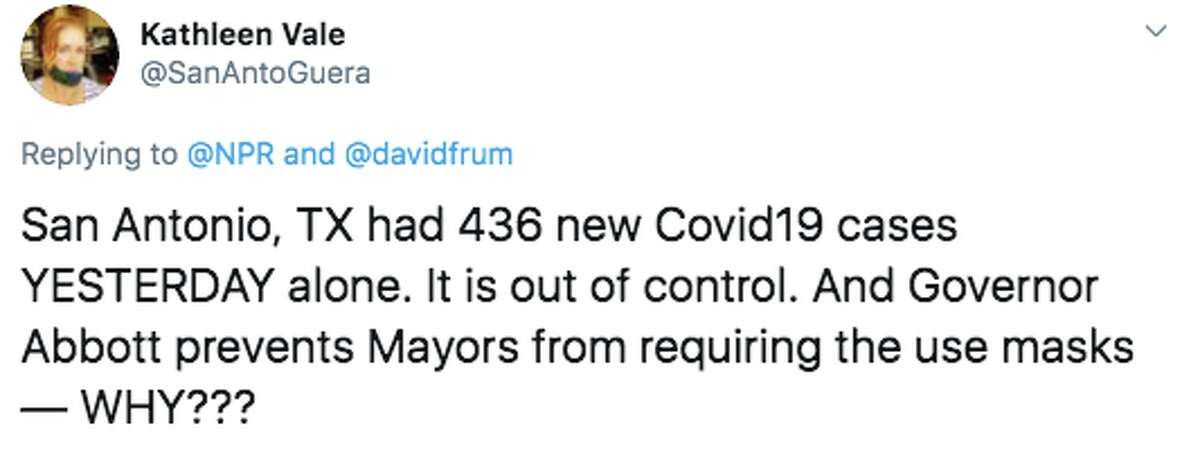 @SanAntoGuera tweeted that she doesn't understand why Gov. Greg Abbott is preventing mayors in Texas to mandate masks in their cities.