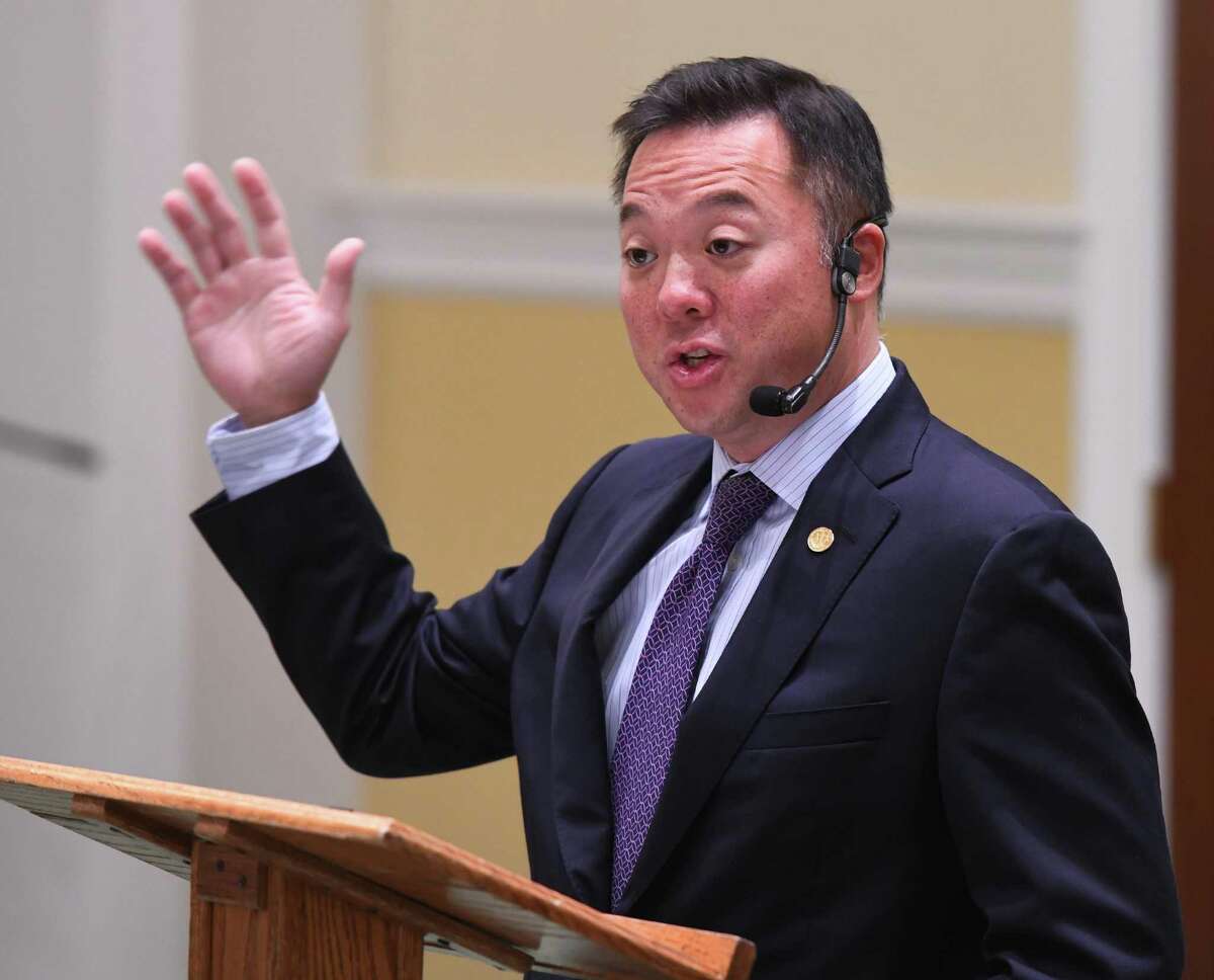 Connecticut Attorney General William Tong, shown speaking in Greenwich last fall, will join in a conversation on racial justice Thursday, June 18, at 7 p.m. via Zoom.