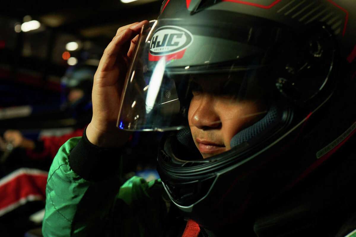 A helmeted rider at Monza Karting at Foxwoods.