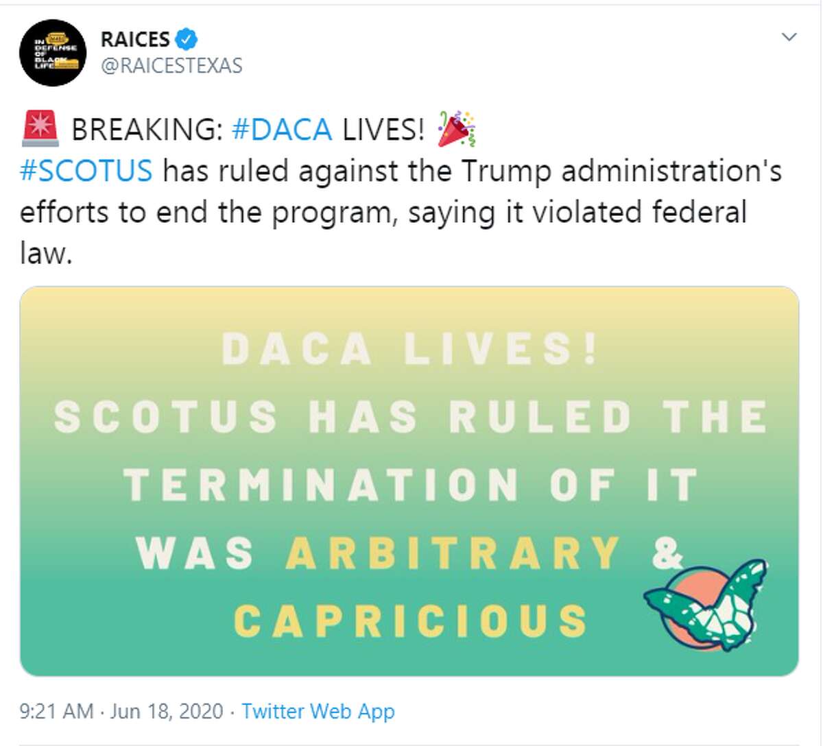 RAICES: BREAKING: #DACA LIVES! #SCOTUS has ruled against the Trump administration's efforts to end the program, saying it violated federal law.