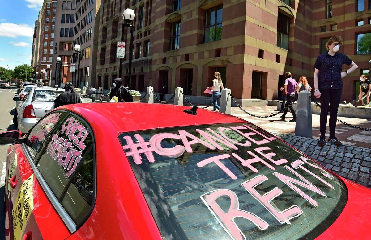 A New Haven contingent of the #CancelTheRents car rallies in support of renters who have struggled during the pandemic.