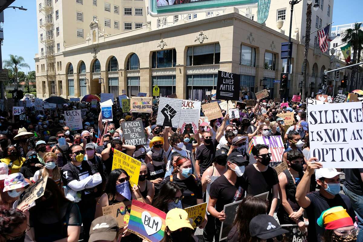 LOS ANGELES, CALIFORNIA - JUNE 14: Protesters gather for the All Black Lives Matter Solidarity March on June 14, 2020 in Los Angeles, California. Anti-racism and police brutality protests continue to be held in cities throughout the country over the death of George Floyd, who was killed while in police custody in Minneapolis on May 25th. (Photo by Sarah Morris/Getty Images)
