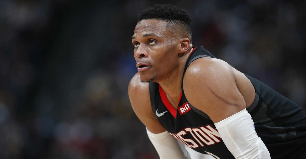 Houston Rockets guard Russell Westbrook waits for a foul shot in the second half of an NBA basketball game against the Denver Nuggets, Sunday, Jan. 26, 2020, in Denver. (AP Photo/David Zalubowski)