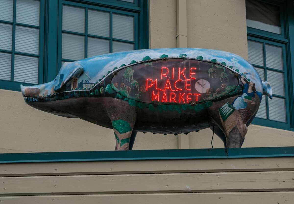 The entrance to Pike Place Market is viewed on November 5, 2015, in Seattle, Washington. Seattle, located in King County, is the largest city in the Pacific Northwest, and is experiencing an economic boom as a result of its European and Asian global business connections.