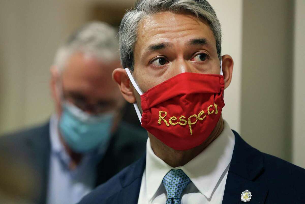 Mayor Ron Nirenberg wears a mask with the word ‘respect’ on it on Thursday, June 18, 2020. The Mayor is calling on CPS Energy’s board of trustees to release a report detailing the cost to close the Spruce coal plant.