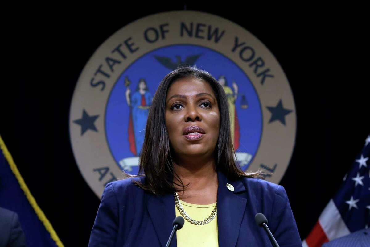 FILE - In this Nov. 19, 2019 file photo, New York State Attorney General Letitia James speaks during a news conference at her office in New York. New York's attorney general on Thursday, June 18, 2020, blasted the New York City Police Department and the mayor for ignoring repeated invitations to testify at a hearing on allegations that officers used excessive force to quell unrest and enforce a citywide curfew in the wake of George Floyd's death in Minneapolis. (AP Photo/Richard Drew, FIle)