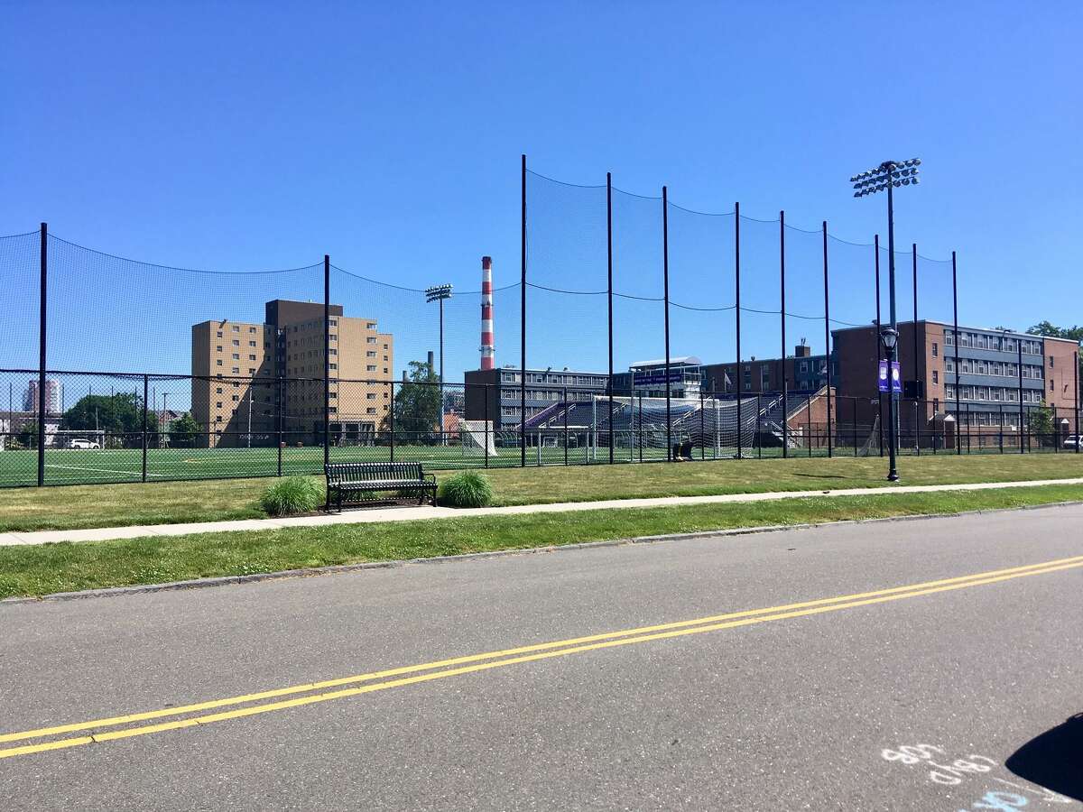 A view of UB's Bodine Hall, North and South Hall and soccer field. June 2020
