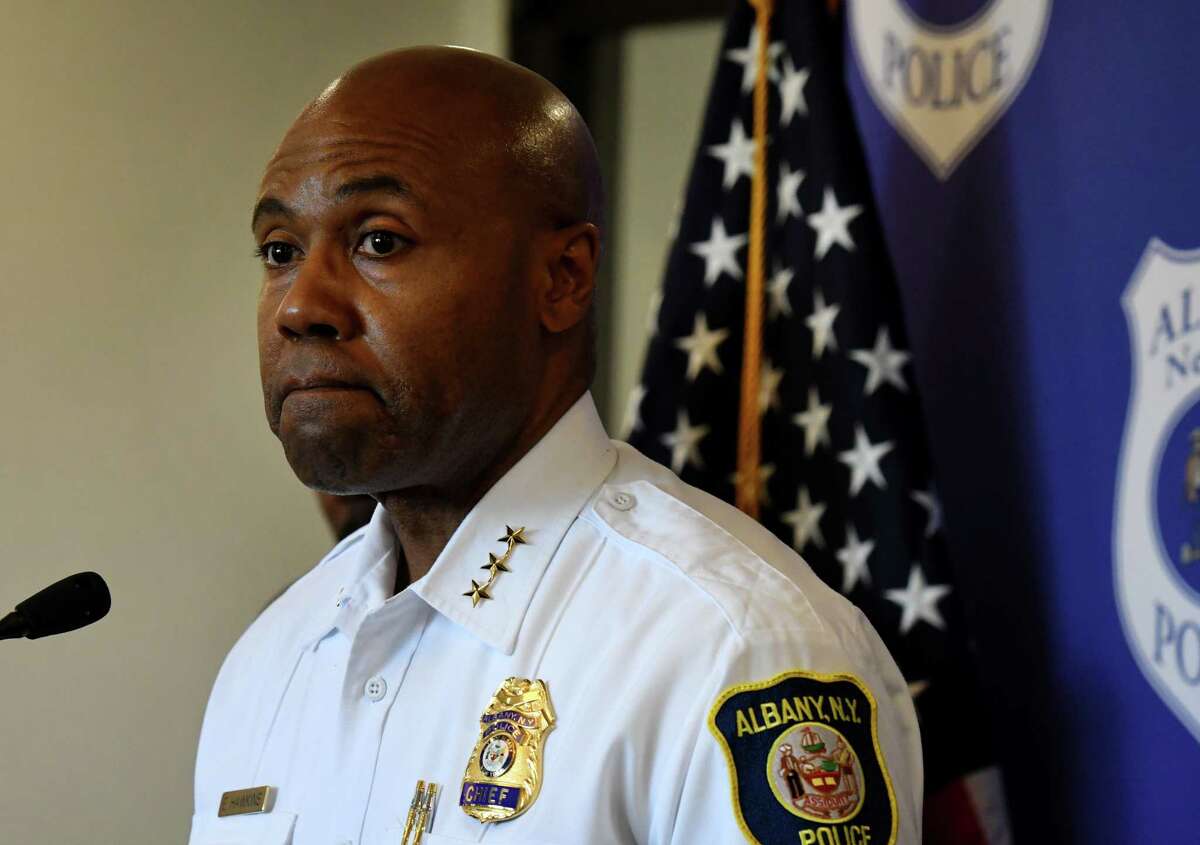 Albany Police Chief Eric Hawkins comments on the city's recent wave of shootings on Friday, June 19, 2020, during a press conference at police headquarters in Albany, N.Y. (Will Waldron/Times Union)