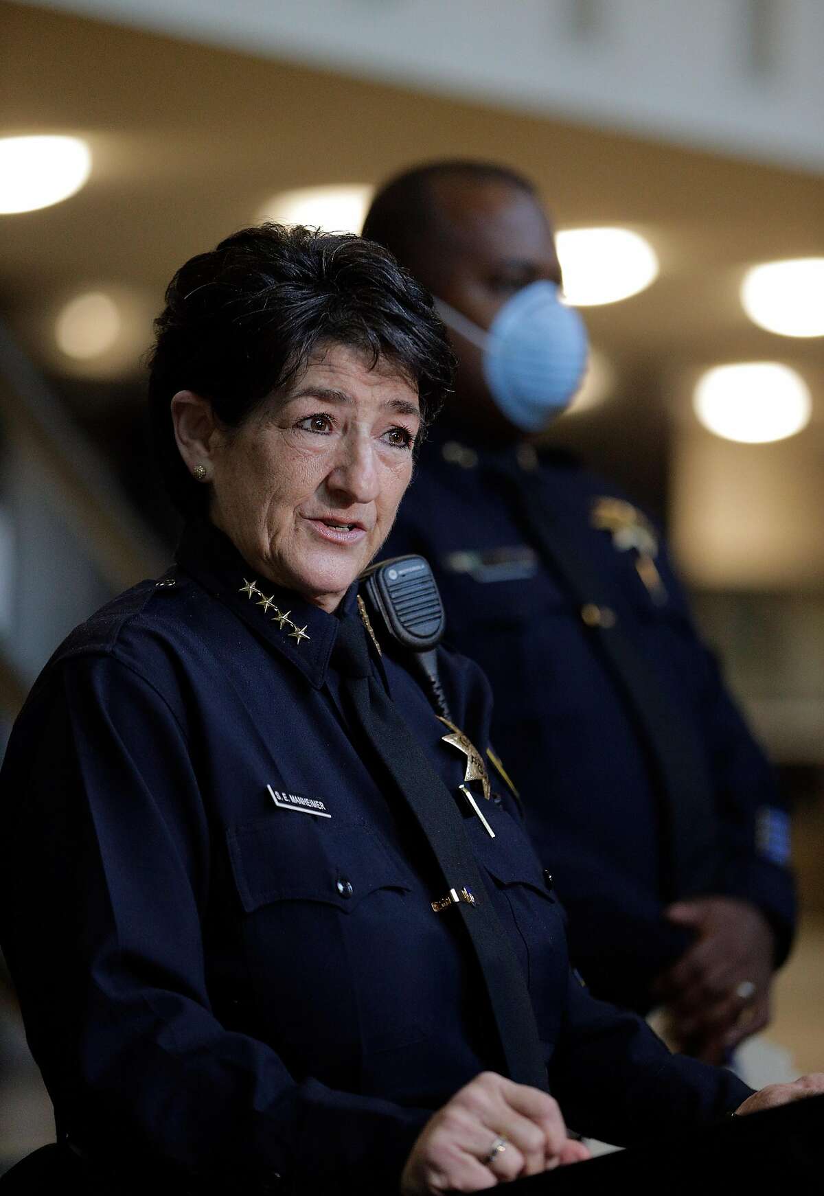 Interim Oakland Police Chief, Susan Manheimer discusses police actions during protests as demonstrators took to the streets for the fifth straight day in the Bay Area in peaceful solidarity against nationwide police brutality and killing of black people in Oakland, Calif., on Wednesday, June 3, 2020. The killing of George Floyd set off a series of protests against police that have spread worldwide.