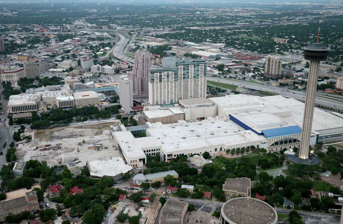 Aerial view of downtown, the Tower of the Americas, Convention Center and Grand Hyatt San Antonio Friday May 20, 2016. Tourism, San Antonio’s third-largest industry, has been hard hit by traveling restrictions resulting from the pandemic.