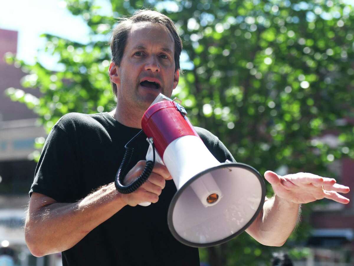U.S Rep. Jim Himes, D-Conn, speaks at the Black Lives Matter protest at Columbus Park in Stamford, Conn. Sunday, June 7, 2020. U.S Rep. Jim Himes, D-Conn., joined Stamford Mayor David Martin with black community leaders and local residents in a peaceful protest against police brutality. The group assembled at Mill River Park and marched to Columbus Park and then the Stamford Police Department.