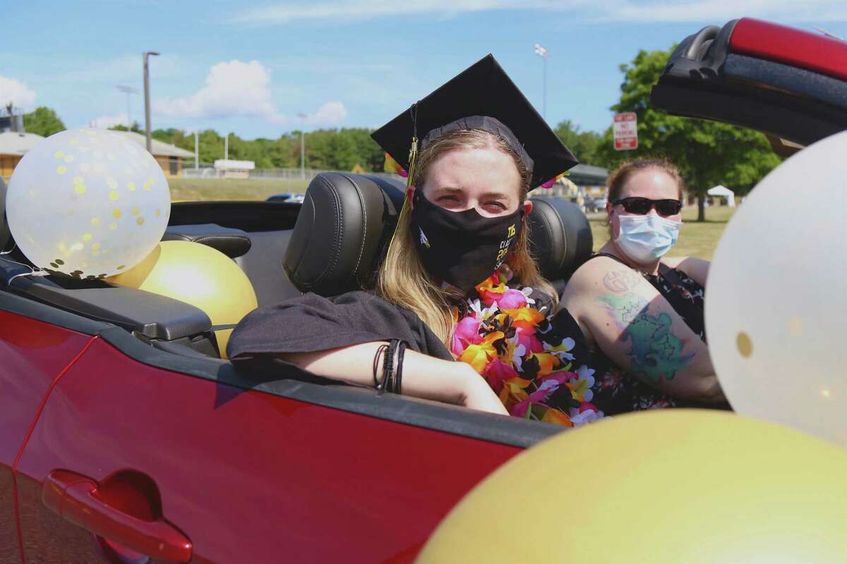 Trumbull High School Class of 2020 graduate Mackenize Minor arrives in style for the graduation. "It feels a lot better than nothing," said senior Mackenzie Minor. "I'm just happy to be graduating at all."