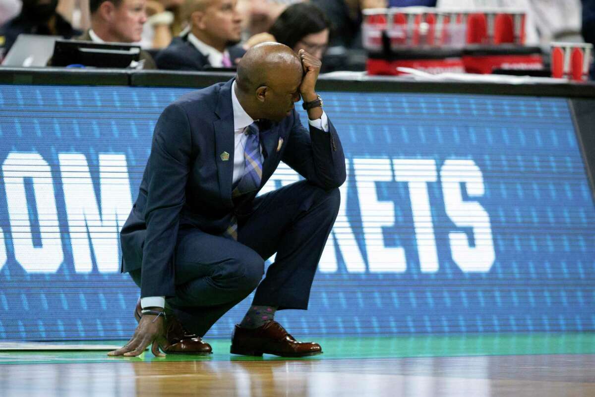 Yale coach James Jones reacts to a shot by his team during an NCAA Tournament first-round game against LSU in 2019.