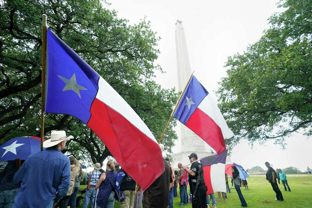 The This Is Texas Freedom Force rally at the San Jacinto Monument gathered to send a message to Gov. Greg Abbott about defending Texas landmarks.