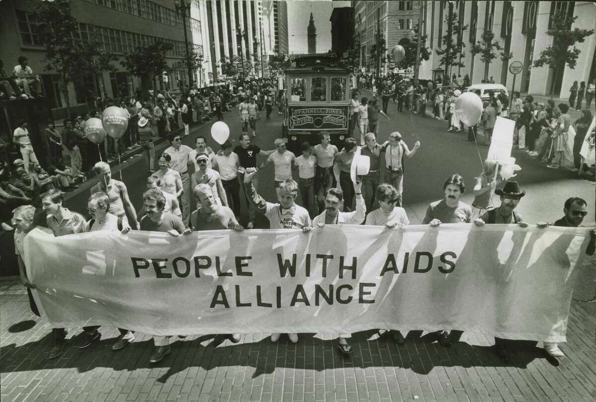 The People With AIDS Alliance marches in the Gay Freedom Day Parade on June 26, 1983.