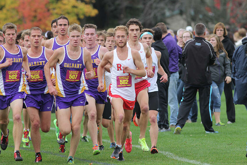 Jake Andrews, center, competes for the RPI cross country team. (Courtesy of RPI Athletics)