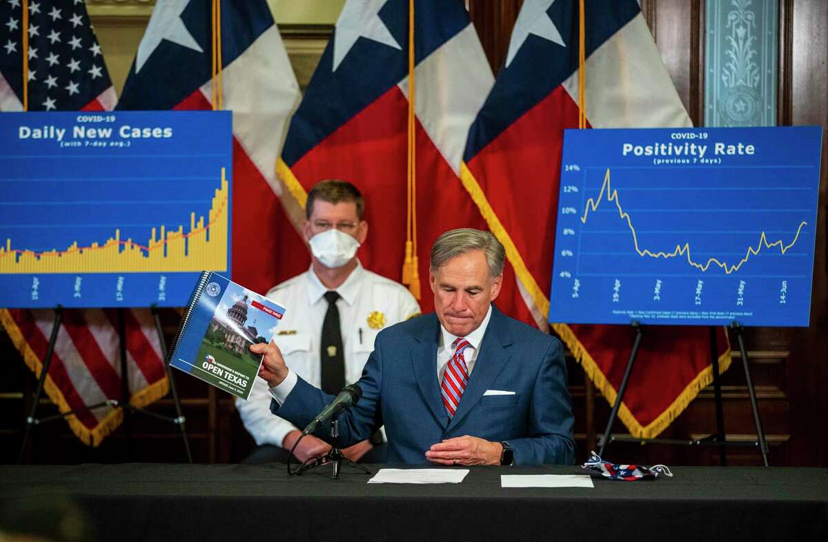 Gov. Greg Abbott says COVID-19 “must be corralled” at a news conference Monday at the State Capitol. Hospitalizations have more than doubled in recent weeks.