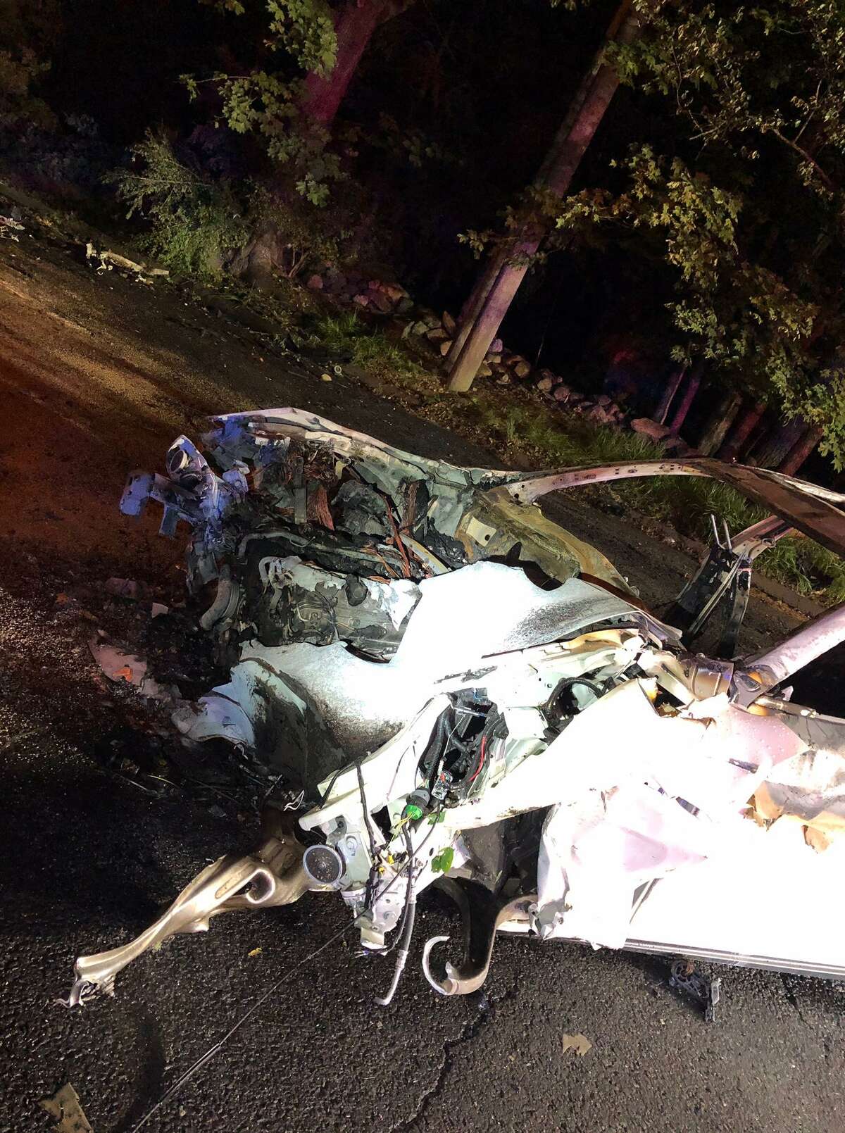 This 2016 Maserati Ghibli crashed Monday night on Westhill Road and burst into flames. The 22-year-old driver was taken to the Bridgeport Hospital Burn Unit and is in critical condition.