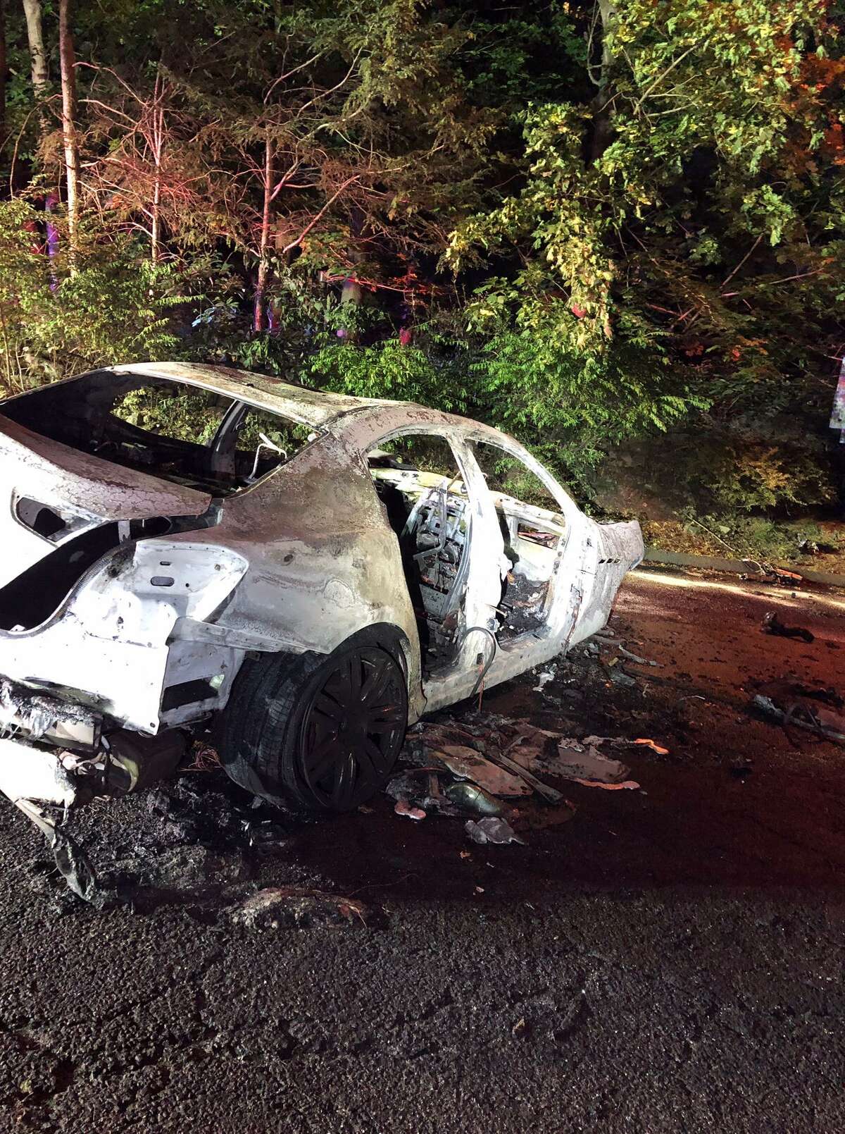 This 2016 Maserati Ghibli crashed Monday night on Westhill Road and burst into flames. The 22-year-old driver was taken to the Bridgeport Hospital Burn Unit and is in critical condition.
