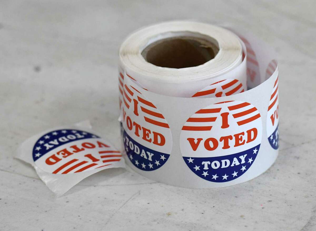 I voted stickers are seen at the Mt. Moriah Christian Academy polling station for Tuesday's state primary election on Tuesday, June 23, 2020, in Glenmont, N.Y. (Will Waldron/Times Union)