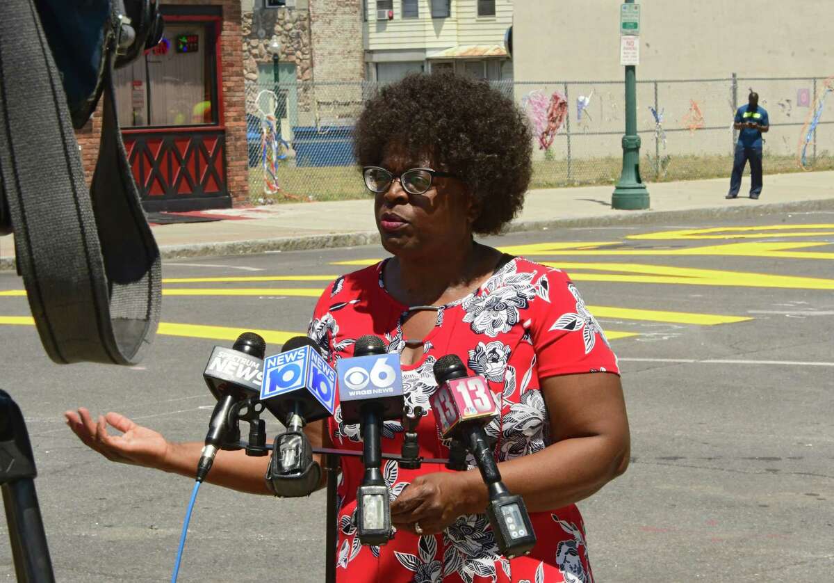 Council member Marion Porterfield speaks to the press as Black Lives Mater is painted on Jay St. in front of City Hall on Tuesday, June 23, 2020 in Schenectady, N.Y. (Lori Van Buren/Times Union)
