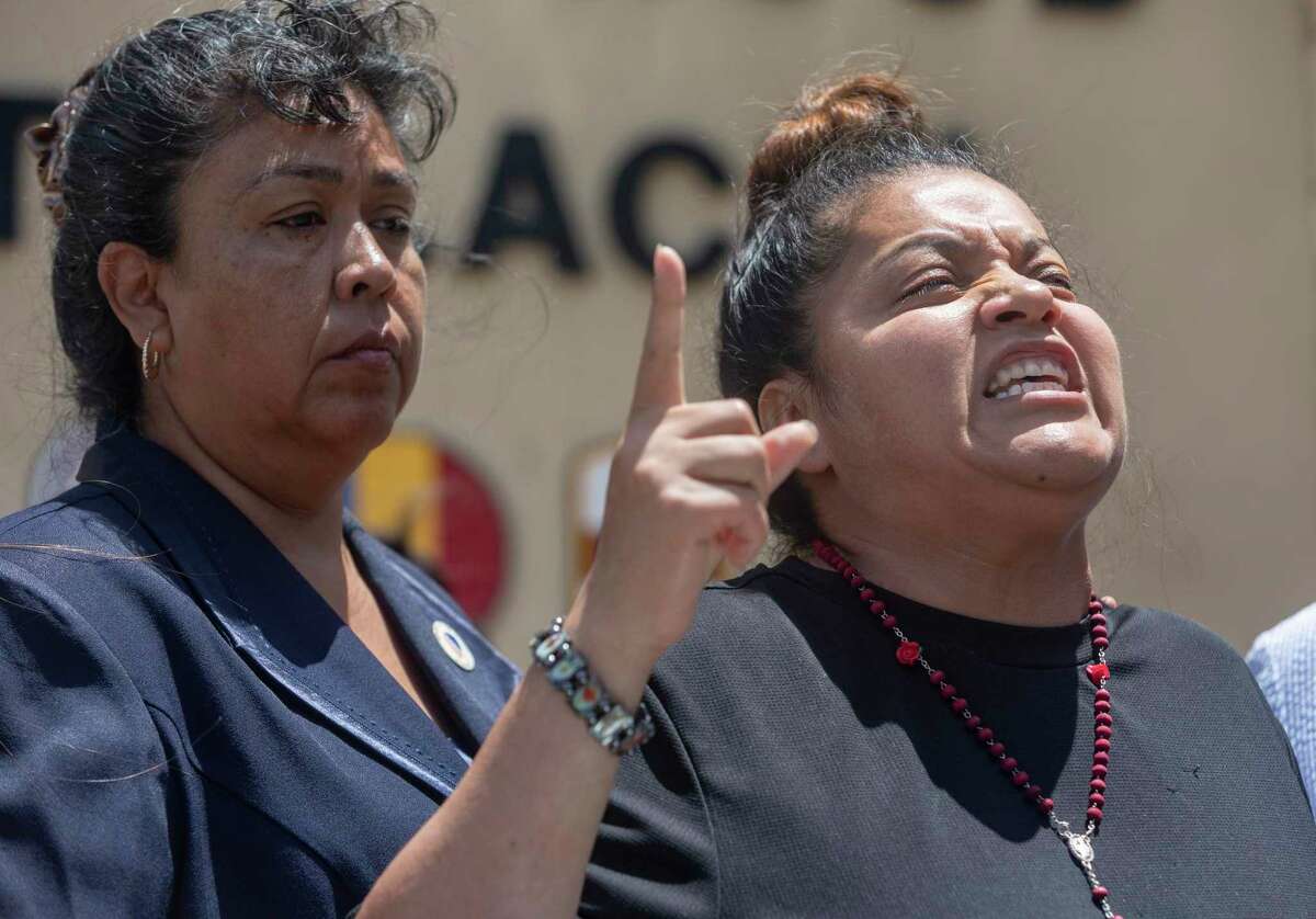 Gloria Guillen, right, speaks Tuesday in Killeen flanked by LULAC District 17 representative AnaLuisa Tapia at the Fort Hood main gate about her missing daughter, Pfc. Vanessa Guillen.