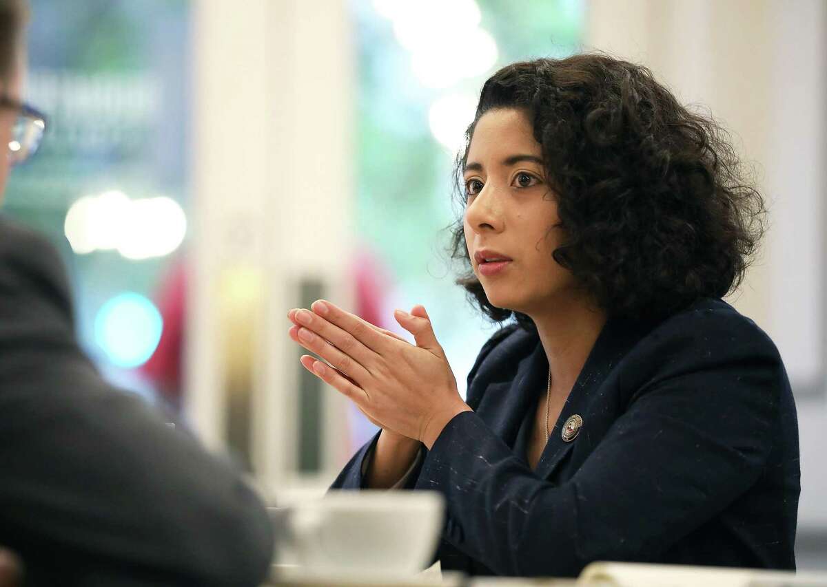 Harris County Judge Lina Hidalgo speaks during an interview in Houston, Texas, U.S., on Tuesday, Dec. 10, 2019. Houston-area residents should follow stay-at-home guidelines that were discontinued weeks ago to cope with a resurgence in Covid-19 cases and hospitalizations, Hidalgo said. Photographer: Sharon Steinmannn/Bloomberg