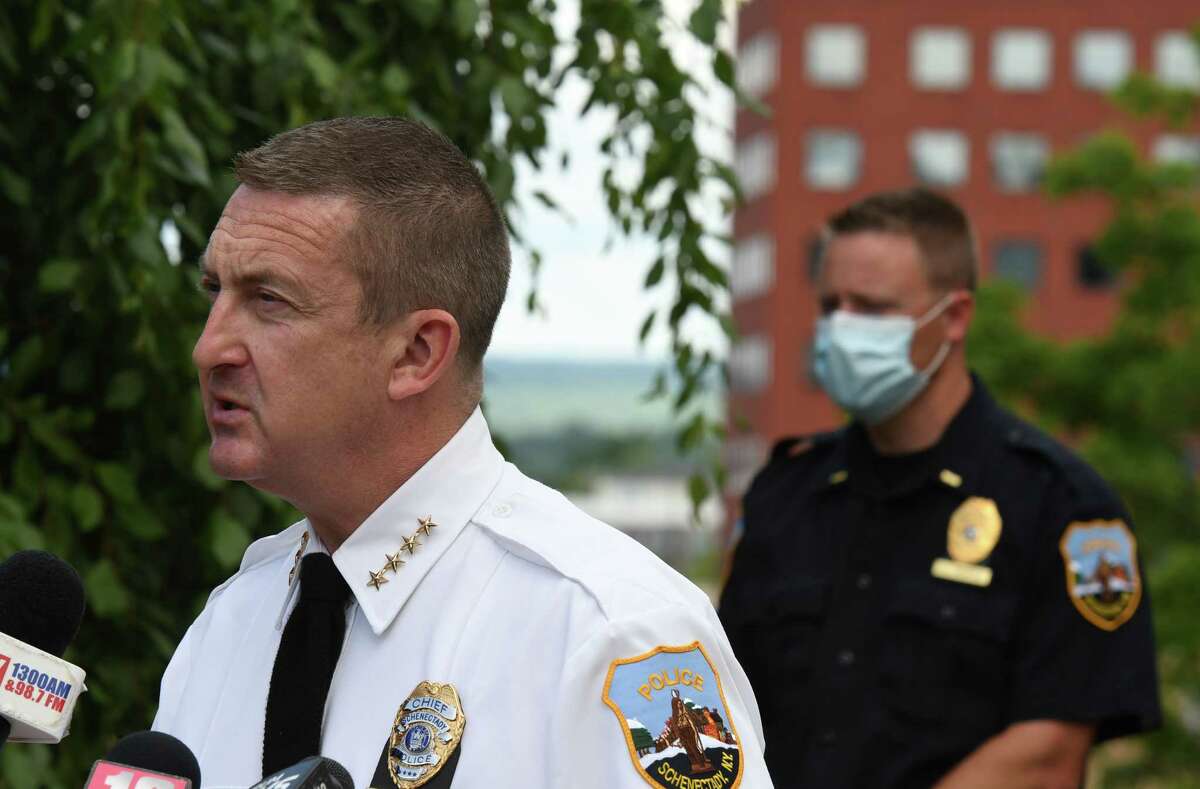 Schenectady Police Chief Eric Clifford holds a joint news conference to address public safety and the rise of illegal fireworks use in the city on Wednesday, June 24, 2020, in Schenectady, N.Y. (Will Waldron/Times Union)