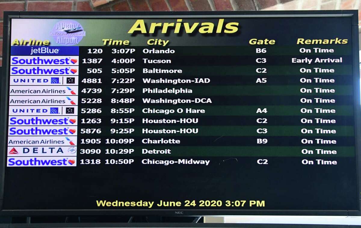 A flight coming from Orlando, Florida is seen on the arrival monitor at Albany International Airport on Wednesday, June 24, 2020 in Colonie, N.Y. Governor Andrew Cuomo has directed that all travelers arriving in New York State from states heavily impacted by the spread of the Coronavirus are subject to a 14-day quarantine. (Lori Van Buren/Times Union)