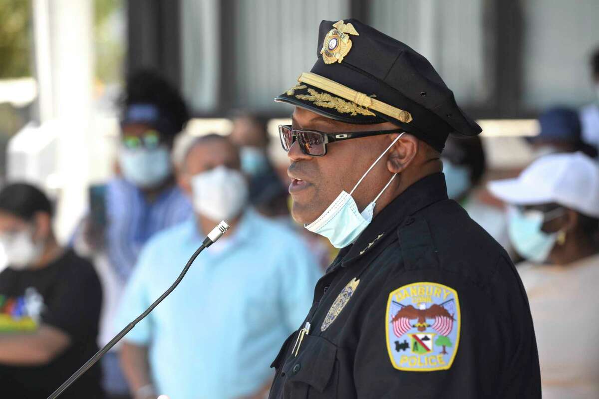 Police Chief Patrick Ridenhour speaks to those gatherd after a prayer walk in protest of racial injustice in front of City Hall mid-day, Thursday, June 25, 2020, in Danbury, Conn.