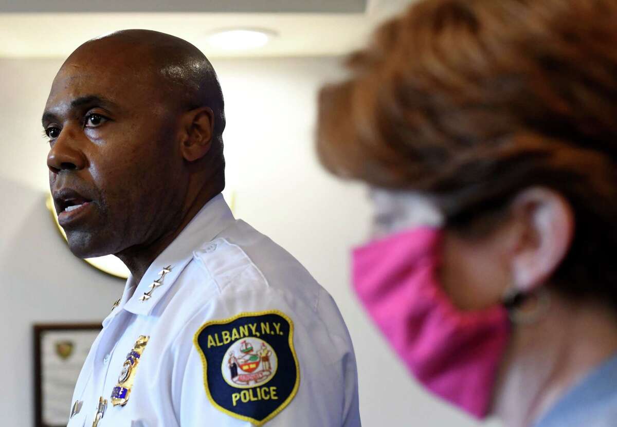 Albany Police Chief Eric Hawkins, left, and Mayor Kathy Sheehan provide updates on a recent wave of city shootings on Thursday, June 25, 2020, during a news conference to at Albany Police Headquarters on Henry Johnson Boulevard in Albany, N.Y. (Will Waldron/Times Union)
