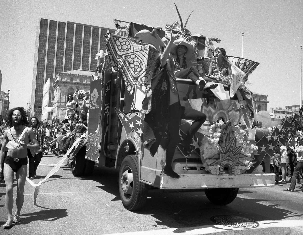 A float in the Gay Parade makes its way down Polk Street near the Civic Center in San Francisco on June 25, 1972.