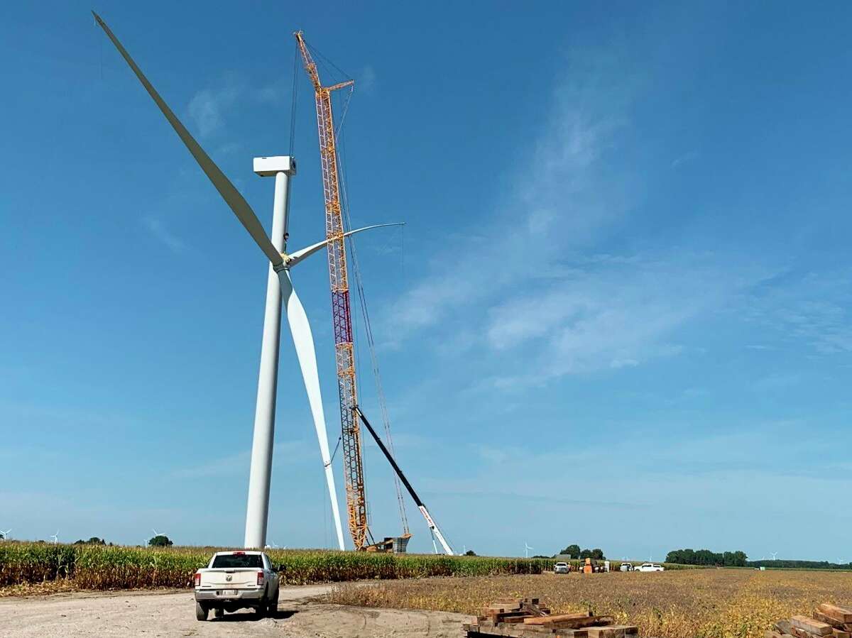 A rotor is installed, called "top out," on a turbine at Polaris Wind, which came online in April. (Photo provided/DTE Energy)