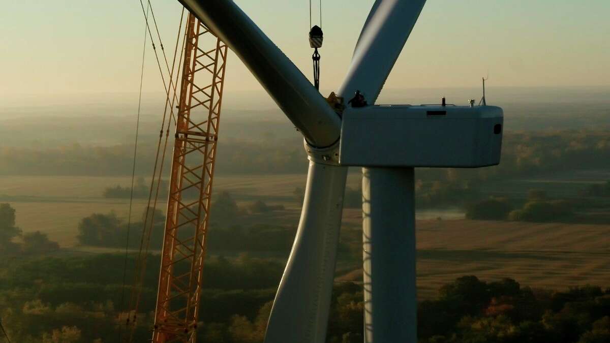 A rotor is installed, called "top out," on a turbine at Polaris Wind, which came online in April. (Photo provided/DTE Energy)