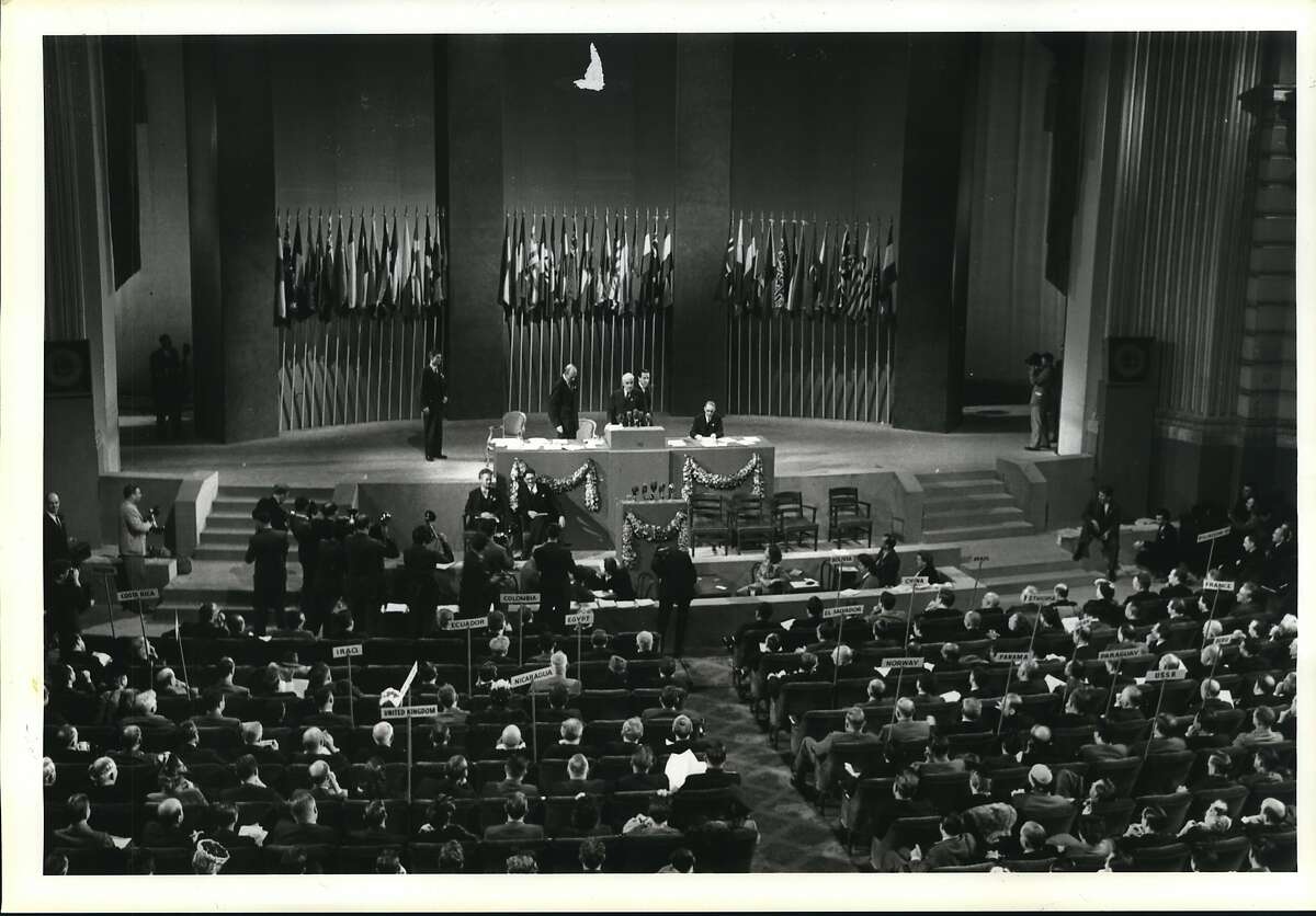 The United Nations Conference in San Francisco, California, unanimously adopts the United Nations Charter in 1945. The United Nations celebrates its 40th anniversary in October.