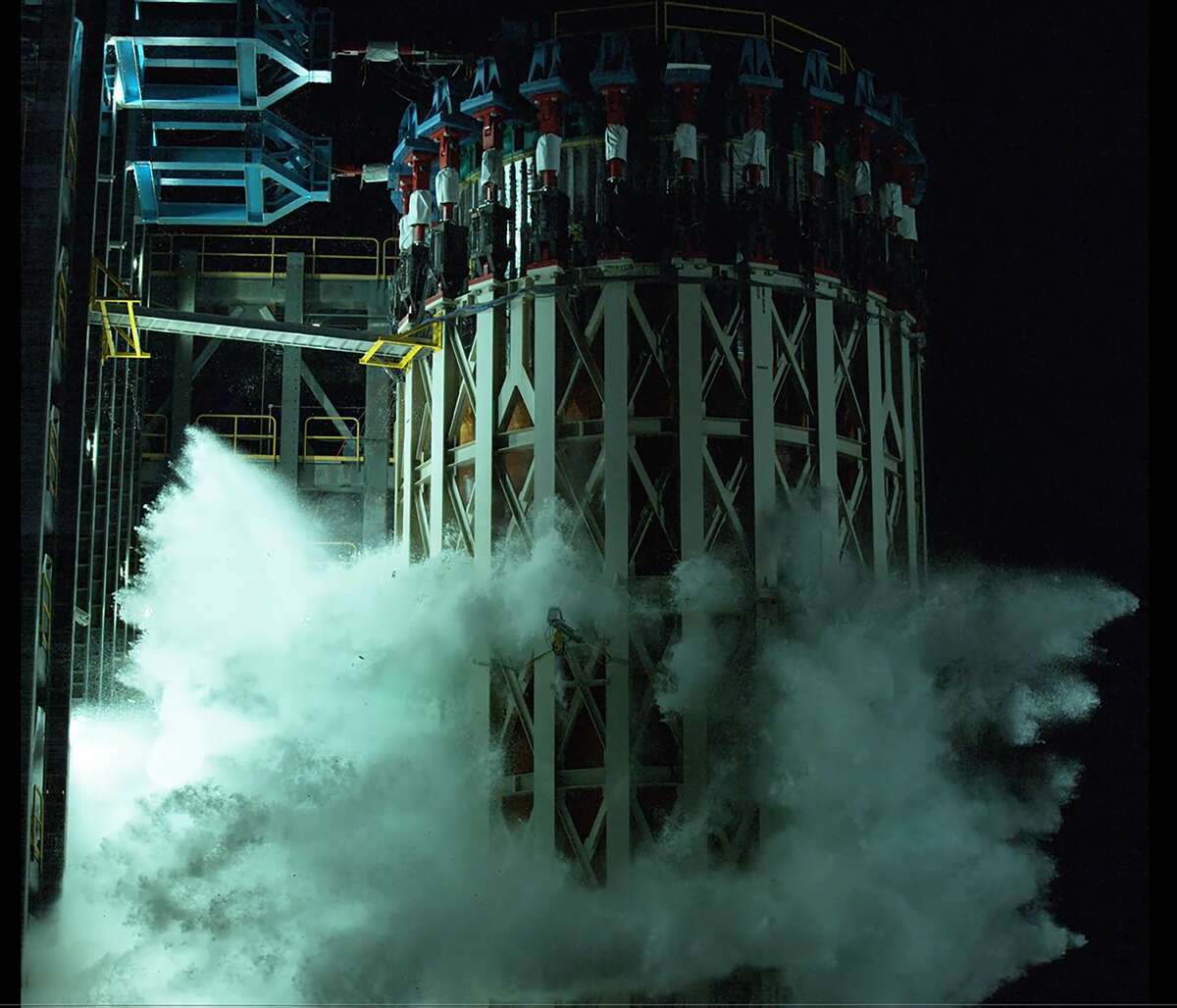 The June 24 test pushed the liquid oxygen tank test article beyond its limits to see how much force it would take to break the tank’s structure. This image shows water gushing out of the tank as it failed.