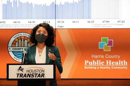 Harris County Judge Lina Hidalgo speaks during media conference to announce the COVID-19 threat level is at the worst level of red, which is severe, shown at Houston TranStar, 6922 Katy Rd., Friday, June 26, 2020, in Houston.