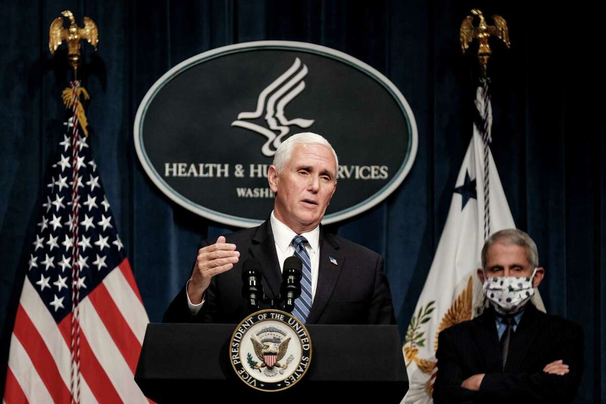Vice President Mike Pence speaks during a coronavirus task force meeting last week. Pence falsely claimed that increased testing is generating more cases, among other exaggerations and inaccurate claims.