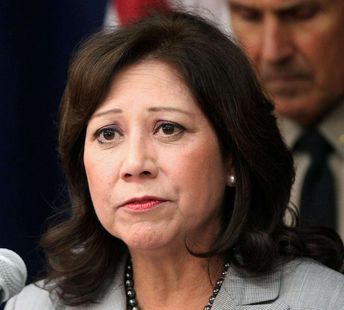 FILE - This Nov. 16, 2012 file photo shows Labor Secretary Hilda Solis speaking in Los Angeles. Solis has told colleagues she is resigning from Obama administration. (AP Photo/Richard Vogel, File)