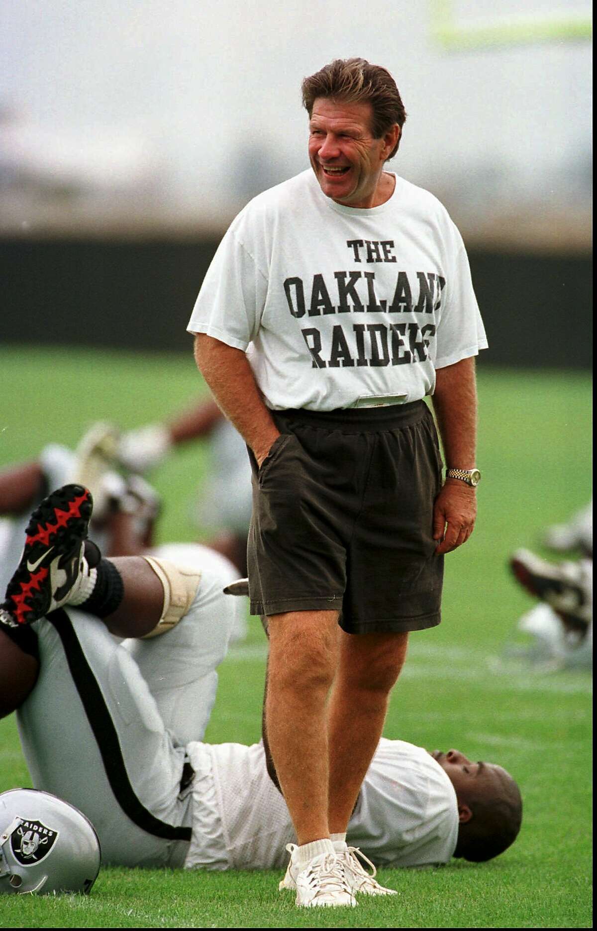 Oakland Raiders head coach Joe Bugel enjoys a laugh during practice at the Raiders' training facility in Alameda, Calif., Tuesday, Aug. 19, 1997. (AP Photo/John Todd) ALSO RAN: SPECIAL SPORTS SECTION: "PRO FOOTBALL '97 / SEASON PREVIEW / A NEW 49ERS ERA" 08/29/97.