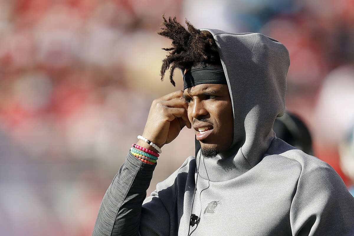 FILE - In this Oct. 27, 2019, file photo, Carolina Panthers quarterback Cam Newton stands on the sidelines during the second half of an NFL football game against the against the San Francisco 49ers in Santa Clara, Calif Jameis Winston, Jadeveon Clowney and Newtown didn't have to wait long at all to find homes in the NFL when they came out of college. The three former No. 1 overall draft picks are finding things moving much more slowly as they search for new homes or contracts this offseason. (AP Photo/Ben Margot, File)